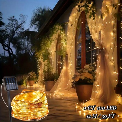 1 db 50/100 LED-es napelemes rézhuzalos lámpa, vízálló napelemes mese díszlámpa kerti udvari partihoz