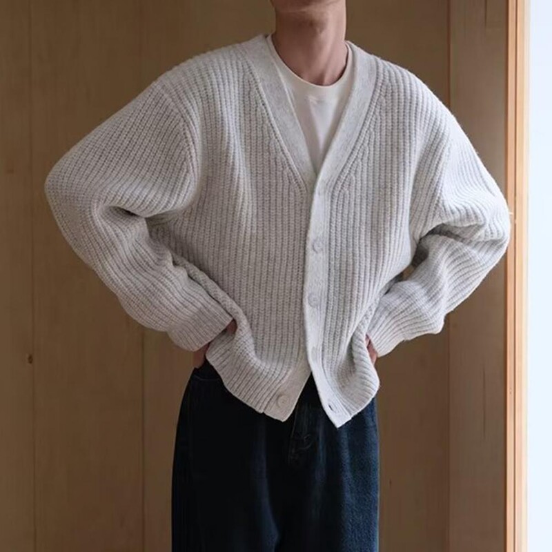 Jaciņa Vīriešu šiks rudens silti, vienkārši adāmi džemperi japāņu stilā Skaisti V veida kakla izgriezuma džemperis ar vienrindu mētelis vīriešu apģērbi