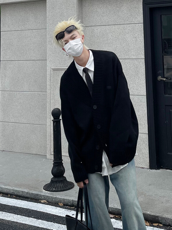 Vīriešu jaka, poga ar V-veida kakla izgriezumu, rudens stulbs, somīgs japāņu stila Harajuku, pāra trikotāža High Street katru dienu