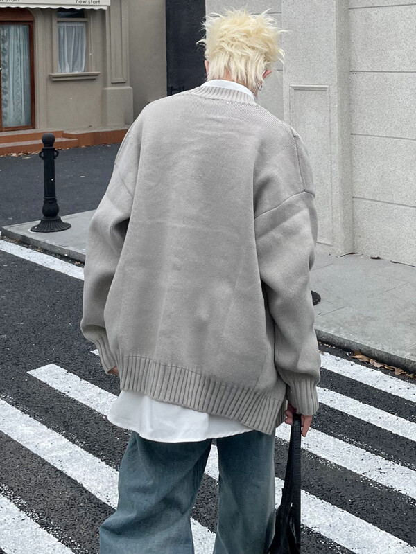 Vīriešu jaka, poga ar V-veida kakla izgriezumu, rudens stulbs, somīgs japāņu stila Harajuku, pāra trikotāža High Street katru dienu