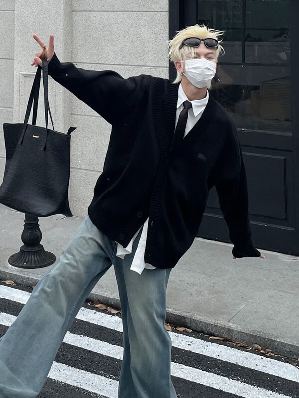 Vīriešu jaka, poga ar V-veida kakla izgriezumu, rudens stulbs, somīgs japāņu stila Harajuku, pāra trikotāža High Street katru dienu