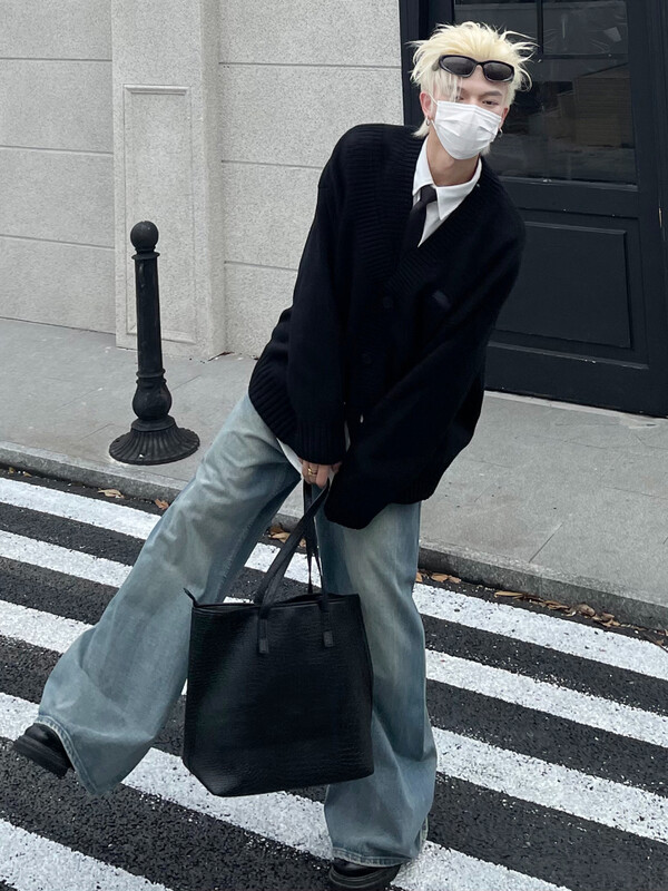 Vīriešu jaka, poga ar V-veida kakla izgriezumu, rudens stulbs, somīgs japāņu stila Harajuku, pāra trikotāža High Street katru dienu