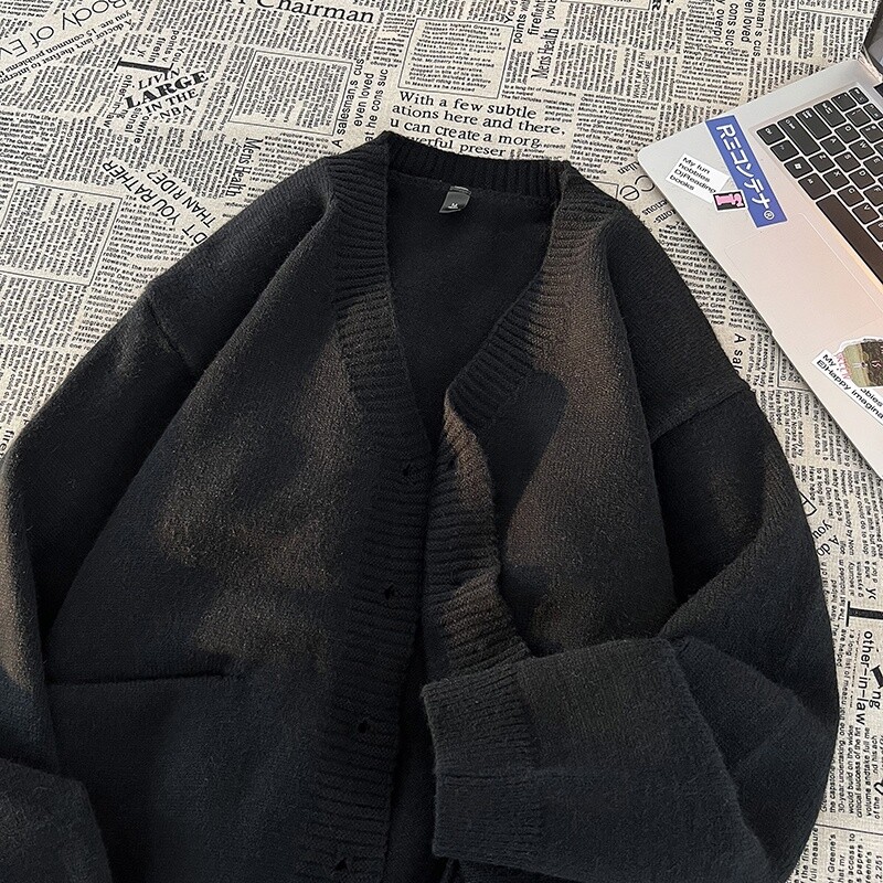 Rudens un ziemas jauna korejiešu modes daudzpusīga ikdienas jaka, rievota V veida kakla izgriezuma džemperis jaka Vīriešu gaiša žakarda dizaina jaka