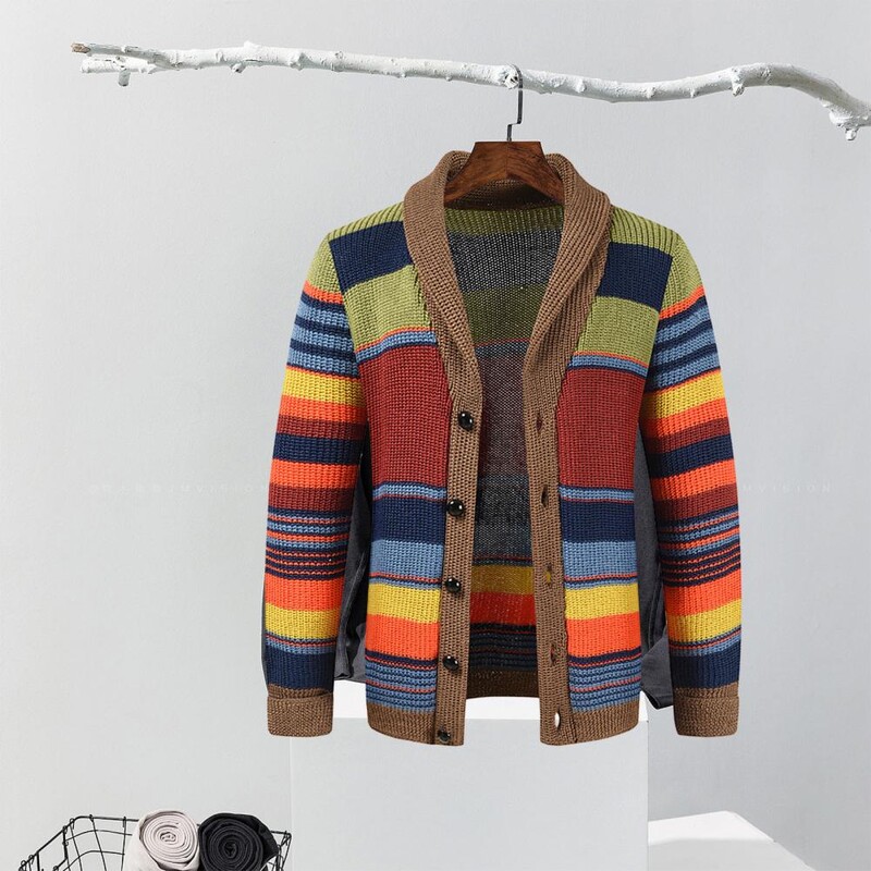 Vīriešu virsdrēbes Vīriešu džemperis Stilīgs vīriešu trikotāžas krāsas pieskaņots svītrains jaciņš rudens ziemas džemperis ar ikdienišķām pogām