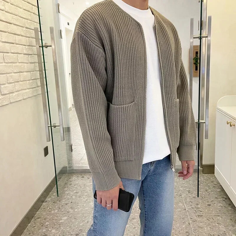 Rudens ziema vienkrāsains Vienkāršs jakas mētelis Hombre apaļš kakla rāvējslēdzēja kabata Vispārpiemērots trikotāžas augšējais vīriešu virsdrēbes Sieviešu apģērbs