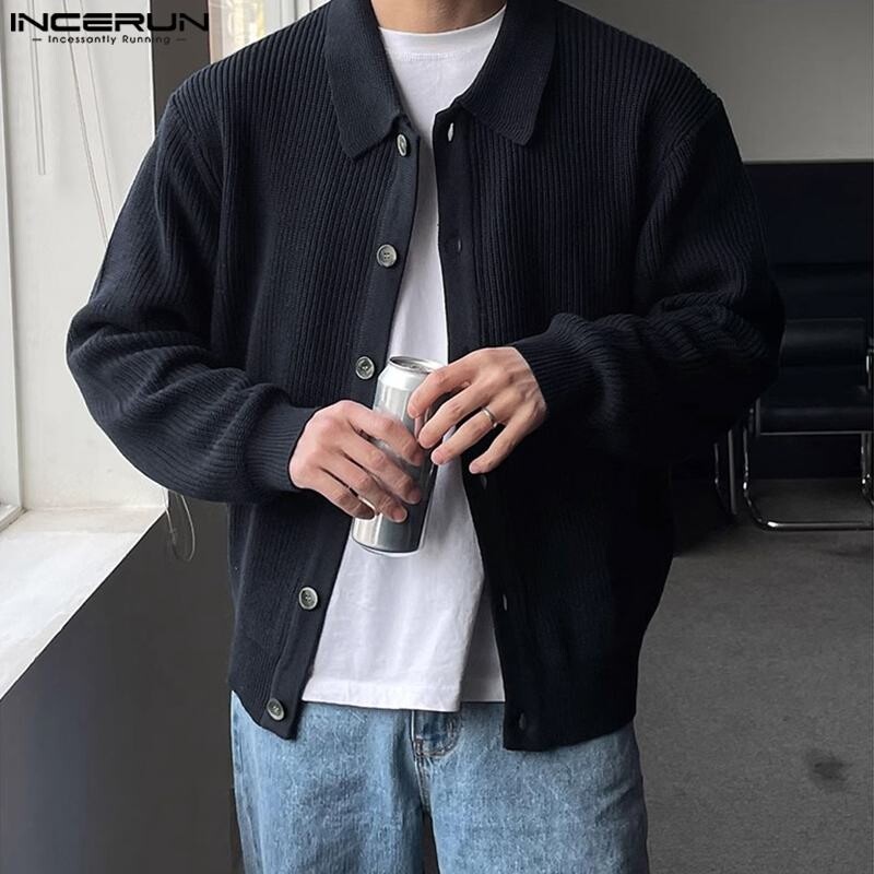 2023. gada vīriešu džemperi vienkrāsains trikotāžas atloks ar garām piedurknēm, poga, ikdienas vīriešu jaka, ielas apģērbs korejiešu virsdrēbes INCERUN S-5XL