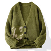 2024. gada rudens/ziemas džemperis vīriešiem ar biezu modes jaciņu Vintage liela izmēra V veida kakla izgriezuma džemperis, brīva modes zīmola veste