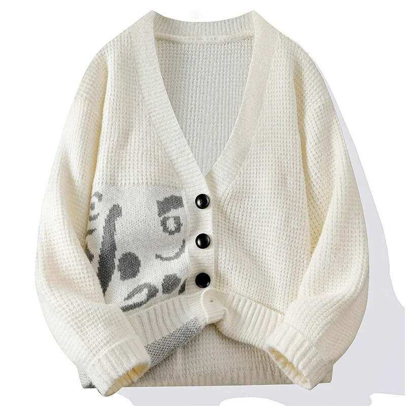 2024. gada rudens/ziemas džemperis vīriešiem ar biezu modes jaciņu Vintage liela izmēra V veida kakla izgriezuma džemperis, brīva modes zīmola veste