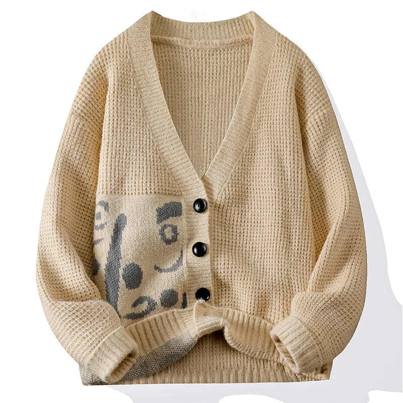 2024. gada rudens/ziemas džemperis vīriešiem ar biezu modes jaciņu Vintage liela izmēra V veida kakla izgriezuma džemperis, brīva modes zīmola veste