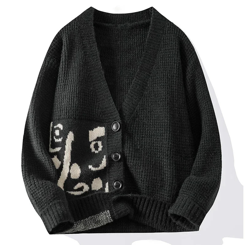 2024. gada rudens/ziemas džemperis vīriešiem ar biezu modes jaciņu Vintage liela izmēra V veida kakla izgriezuma džemperis, brīva modes zīmola veste