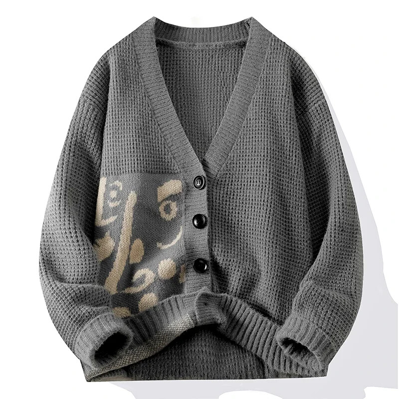 2024. gada rudens/ziemas džemperis vīriešiem ar biezu modes jaciņu Vintage liela izmēra V veida kakla izgriezuma džemperis, brīva modes zīmola veste