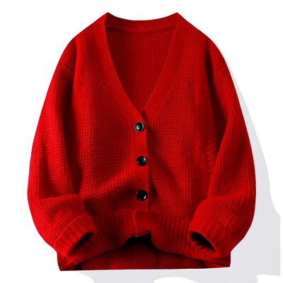 2024. gada rudens un ziemas jauns vīriešu džemperis ar V veida kakla izgriezumu ar biezām garām piedurknēm ārpusē Ērts, silts vīriešu džemperis