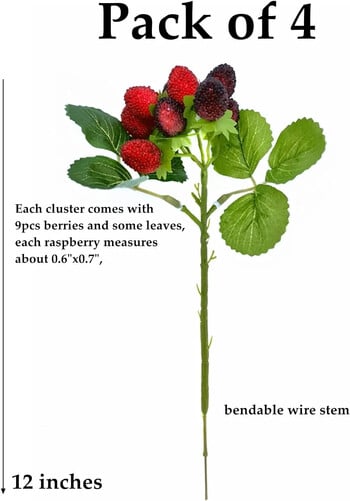 Τεχνητό Raspberry Red Berry, Φράουλα, Faux Fruit, BlackBerry Props, Διακόσμηση τραπεζιού, Μαύρο, 4 τμχ