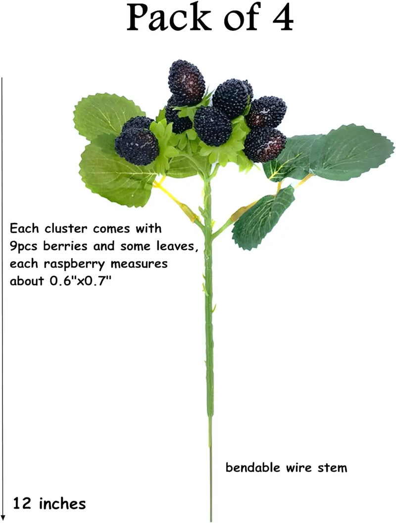 Dirbtinės aviečių raudonos uogos, braškės, dirbtiniai vaisiai, BlackBerry rekvizitai, stalo puošmena, juoda, 4 vnt.