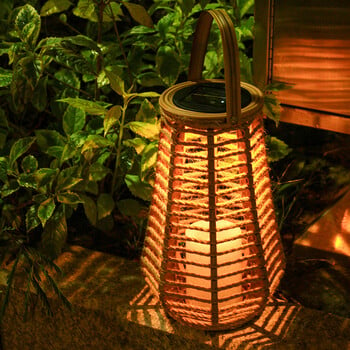 Rattan Solar Lantern IP44 Αδιάβροχο κρεμαστό/όρθιο εξωτερικό Big Rattan Solar Light with Handle for Yard Garden Home Decoration