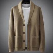 Férfi felsőkategóriás szabadidős kötött dzseki 2024 őszi új zöld gyümölcsgalléros karcsúsított kardigán pulóver divat szabadidős férfikabát