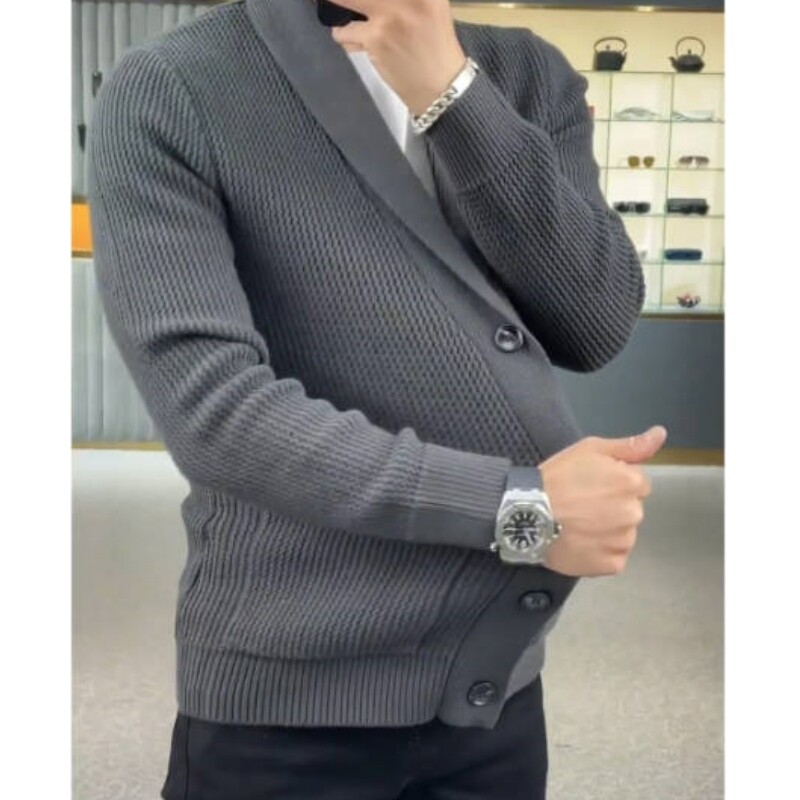 Férfi felsőkategóriás szabadidős kötött dzseki 2024 őszi új zöld gyümölcsgalléros karcsúsított kardigán pulóver divat szabadidős férfikabát