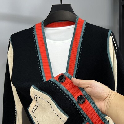 Rudens un ziemas korejiešu modes raibs jaciņa augšdaļa, pogas, brīvas, ikdienišķas, trikotāžas virsdrēbes, vīriešu V veida kakla izgriezuma mēteļa jaka