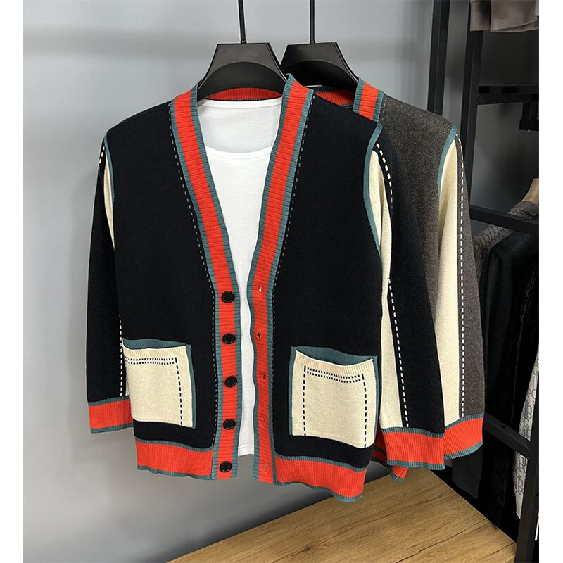 Rudens un ziemas korejiešu modes raibs jaciņa augšdaļa, pogas, brīvas, ikdienišķas, trikotāžas virsdrēbes, vīriešu V veida kakla izgriezuma mēteļa jaka