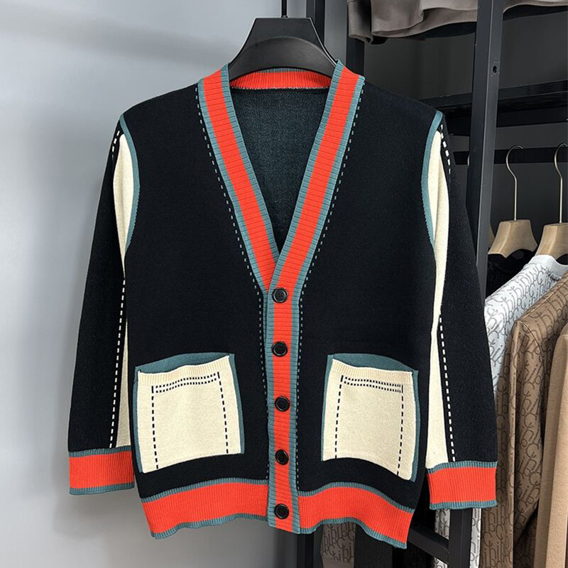 Rudens un ziemas korejiešu modes raibs jaciņa augšdaļa, pogas, brīvas, ikdienišķas, trikotāžas virsdrēbes, vīriešu V veida kakla izgriezuma mēteļa jaka