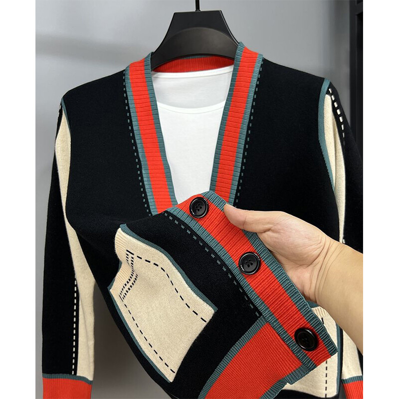 Rudens un ziemas korejiešu modes raibs jaciņa augšdaļa, pogas, brīvas, ikdienišķas, trikotāžas virsdrēbes, vīriešu V veida kakla izgriezuma mēteļa jaka