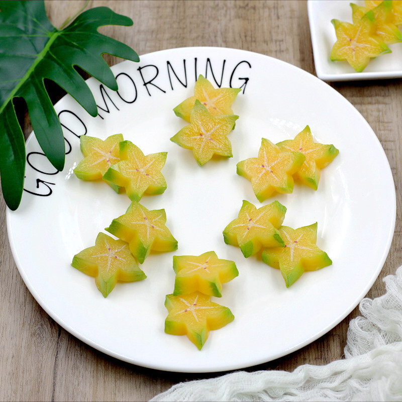 Szimulált PVC műgyümölcs blokk, karambola szelet blokk, barkács élelmiszer-játék modell dekoratív díszekkel, ételfotózási kellékek