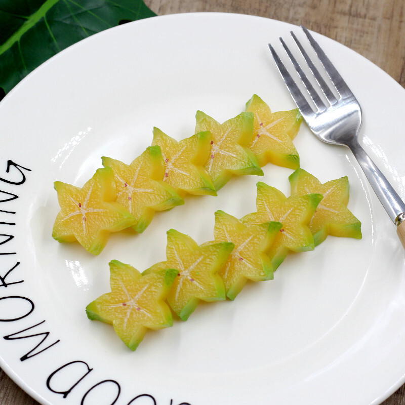 Szimulált PVC műgyümölcs blokk, karambola szelet blokk, barkács élelmiszer-játék modell dekoratív díszekkel, ételfotózási kellékek