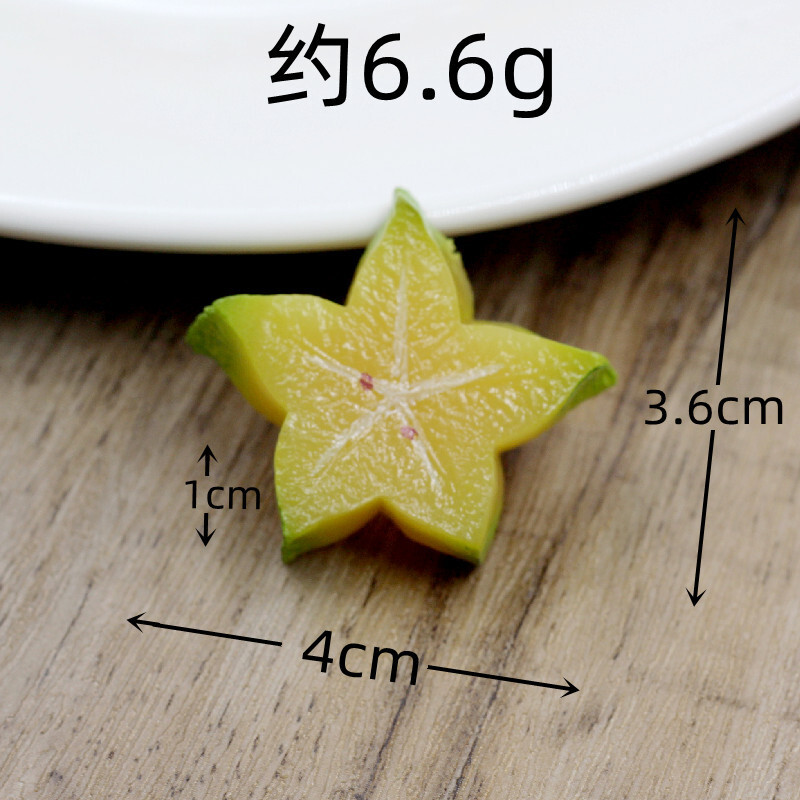 Szimulált PVC műgyümölcs blokk, karambola szelet blokk, barkács élelmiszer-játék modell dekoratív díszekkel, ételfotózási kellékek