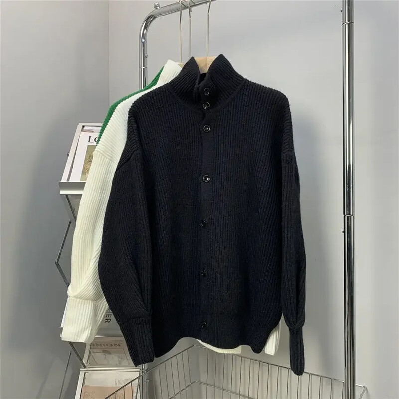 Férfi ruhák bézs színű kötött férfi pulóverek Kardigán sima galléros egyszínű felsők Rendeljen fűtött, bő szabású tél 2024 Új A-ban