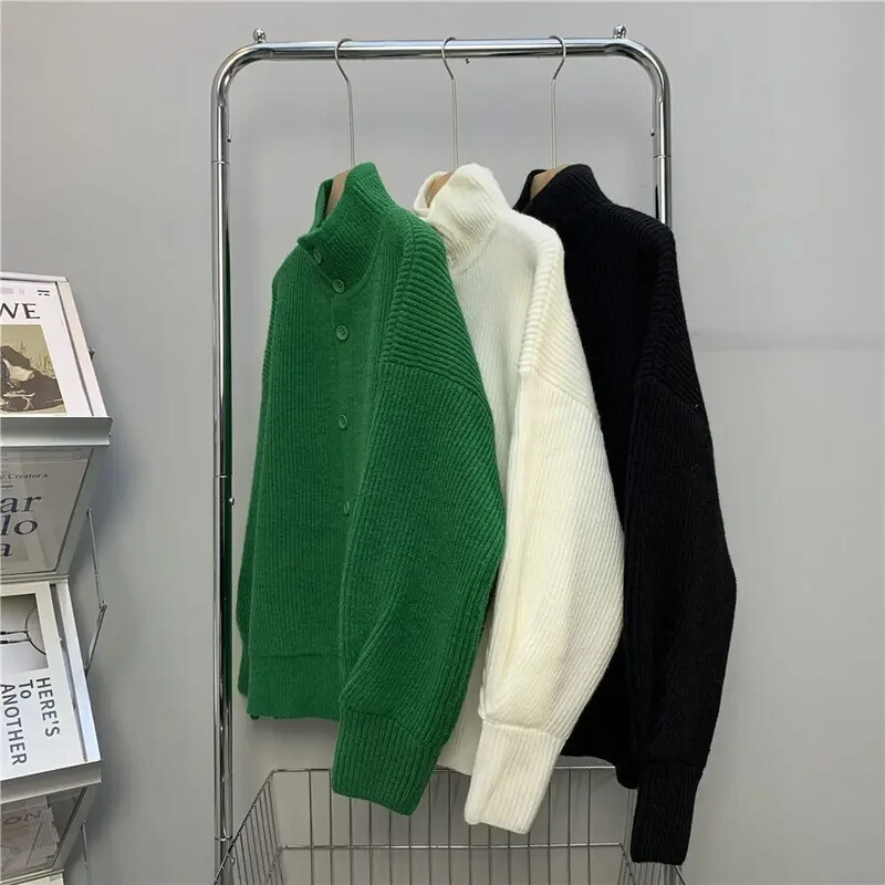 Férfi ruhák bézs színű kötött férfi pulóverek Kardigán sima galléros egyszínű felsők Rendeljen fűtött, bő szabású tél 2024 Új A-ban