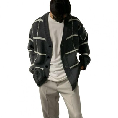 Vīriešu rudens ziemas džemperis džemperis ar V veida kakla izgriezumu ar garām piedurknēm rūtainu apdruku Trikotāžas trikotāžas džemperis, brīvi pieguļošs džemperis