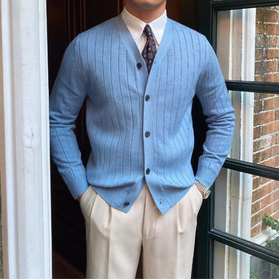 Szép őszi Férfi Kötött Kardigán Slim Fit Pit Csíkos, Hosszú ujjú Pulóver Kabát Urak Alkalmi Ruházat Férfi Jumper Kék