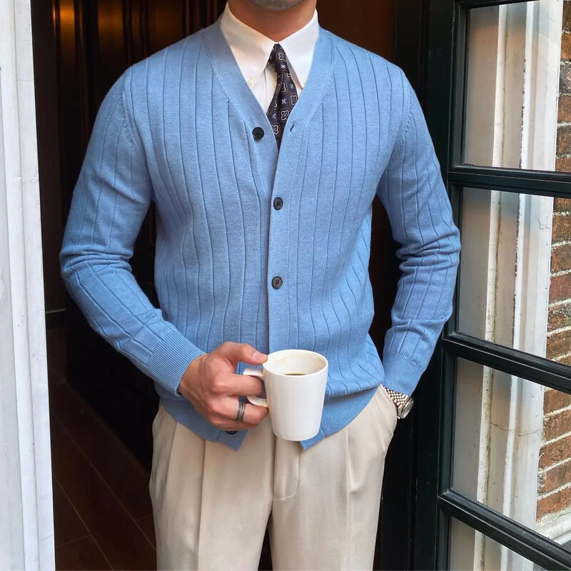 Szép őszi Férfi Kötött Kardigán Slim Fit Pit Csíkos, Hosszú ujjú Pulóver Kabát Urak Alkalmi Ruházat Férfi Jumper Kék