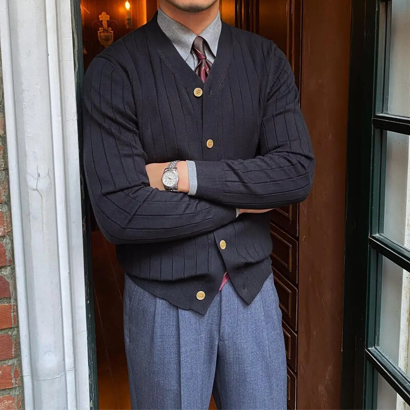 Szép őszi Férfi Kötött Kardigán Slim Fit Pit Csíkos, Hosszú ujjú Pulóver Kabát Urak Alkalmi Ruházat Férfi Jumper Kék