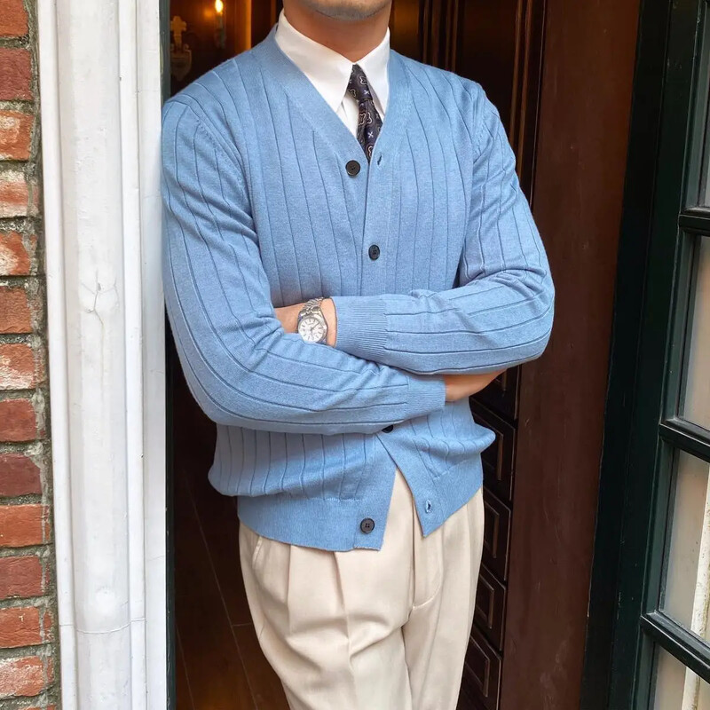 Szép őszi Férfi Kötött Kardigán Slim Fit Pit Csíkos, Hosszú ujjú Pulóver Kabát Urak Alkalmi Ruházat Férfi Jumper Kék