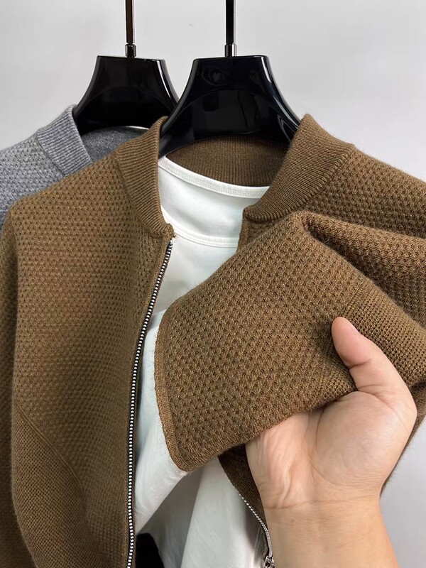 Luxus dupla cipzáras baseball galléros pulóver kabát férfi ősz tél új alkalmi trend zsebes kardigán vastagított meleg kötött kabát