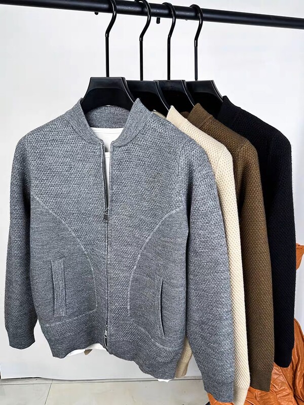 Luxus dupla cipzáras baseball galléros pulóver kabát férfi ősz tél új alkalmi trend zsebes kardigán vastagított meleg kötött kabát