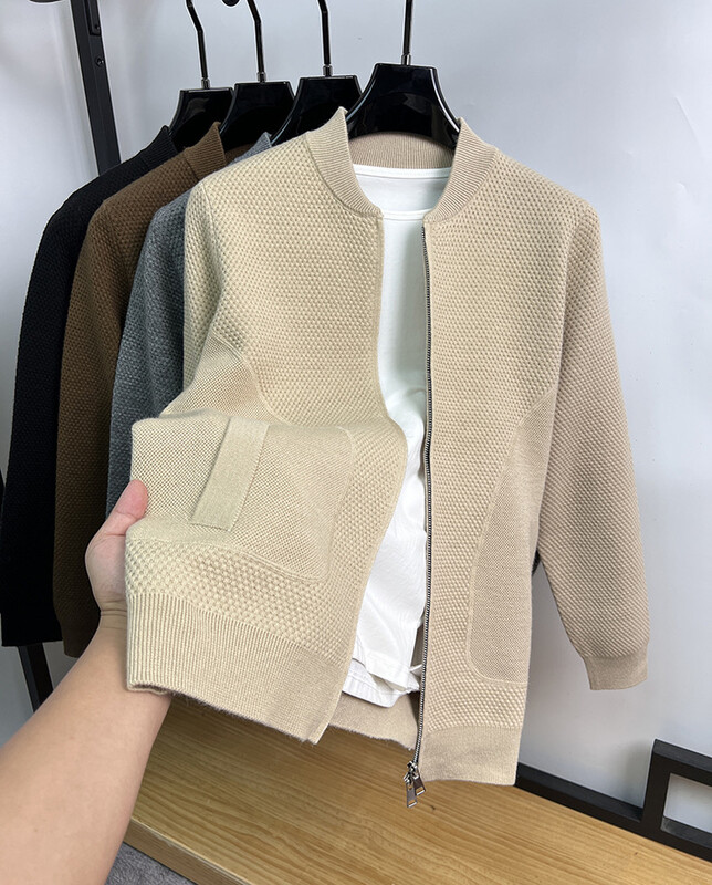 Luxus dupla cipzáras baseball galléros pulóver kabát férfi ősz tél új alkalmi trend zsebes kardigán vastagított meleg kötött kabát