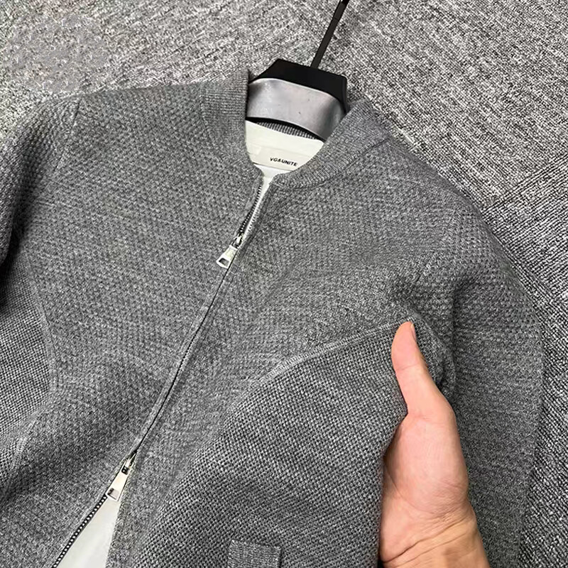 Luxus dupla cipzáras baseball galléros pulóver kabát férfi ősz tél új alkalmi trend zsebes kardigán vastagított meleg kötött kabát