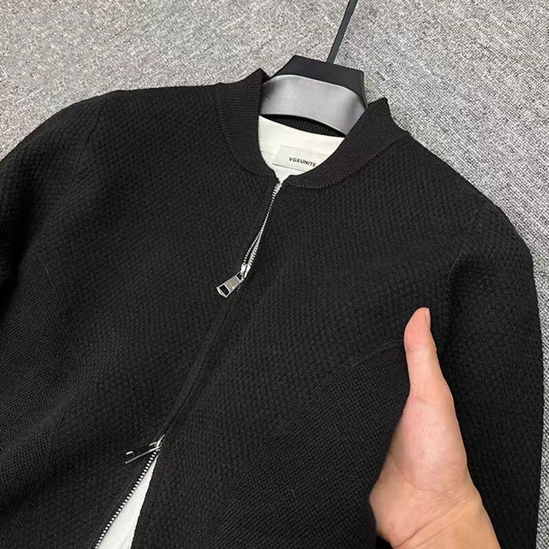 Luxus dupla cipzáras baseball galléros pulóver kabát férfi ősz tél új alkalmi trend zsebes kardigán vastagított meleg kötött kabát