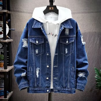 Ανδρικό τζιν μπουφάν 2025 Ripped Hole Single Breasted Παλτό Spliced Outerwear Jackets Τσέπες Casual Loose Washed Distressed