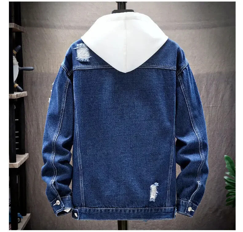 Jachetă de blugi pentru bărbați, 2025, cu gaură ruptă, paltoane cu un singur piept, îmbrăcăminte exterioară cu îmbinare, jachete, buzunare, lejer, spălat, învechit.