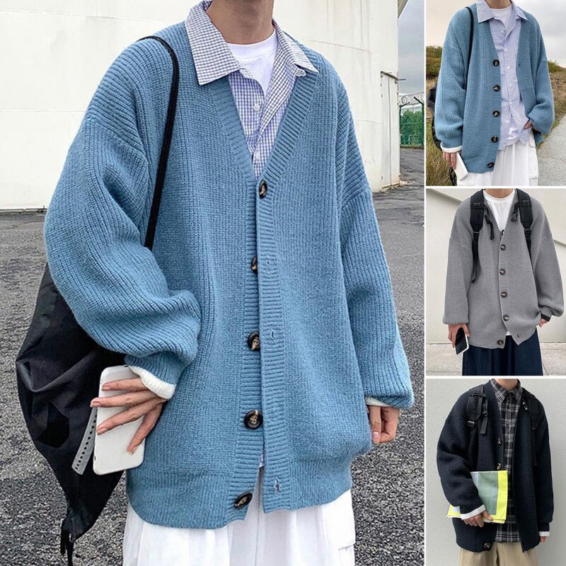Koreai stílusú divatos egyszínű férfi kötött kardigán egysoros felsőkategóriás hosszú ujjú kardigán férfi pulóver kabát