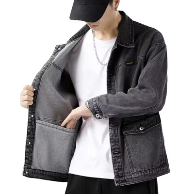 Vyriškas džinsinis švarkas atvartas ilgomis rankovėmis švarko paltas su didelėmis kišenėmis pavasario rudens sagomis užsegamas krovininis apatinis drabužis
