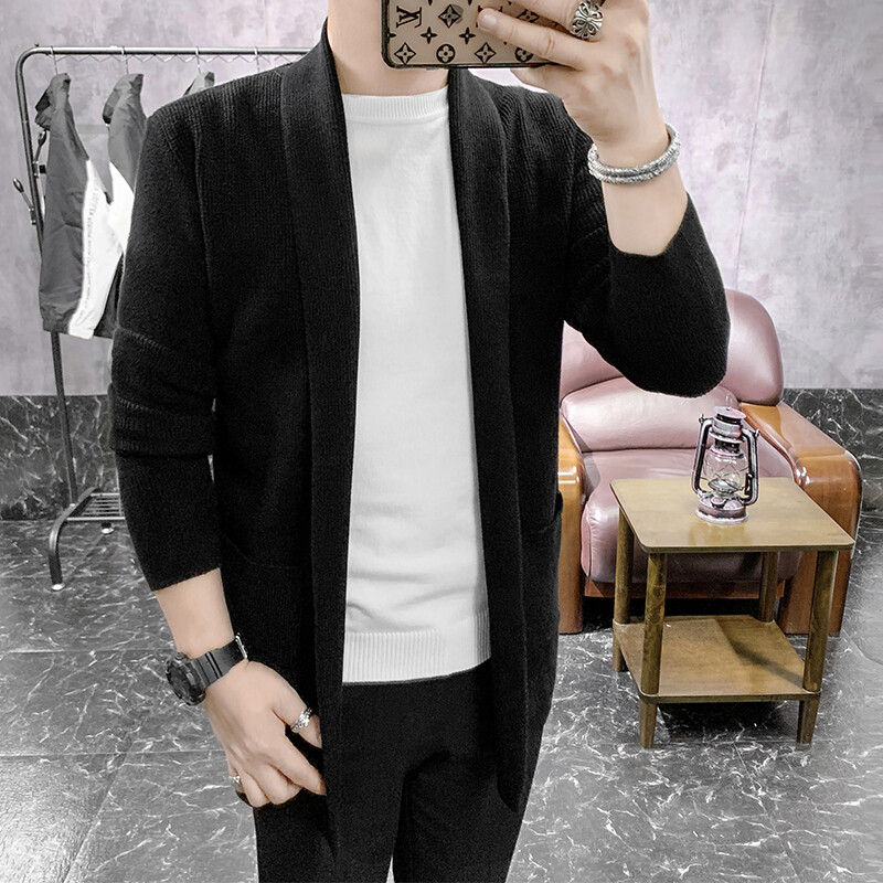 Új, közepes hosszúságú kardigán férfi tavaszi őszi kötött férfi pulóver, divatos karcsú, egyszínű, egyszínű kardigán felsőruházat