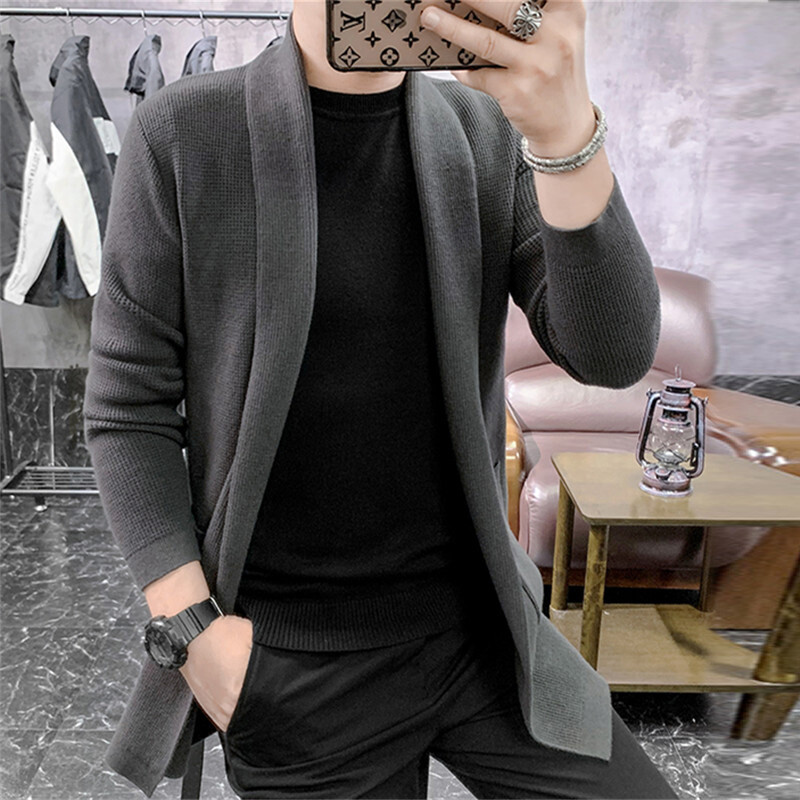 Új, közepes hosszúságú kardigán férfi tavaszi őszi kötött férfi pulóver, divatos karcsú, egyszínű, egyszínű kardigán felsőruházat