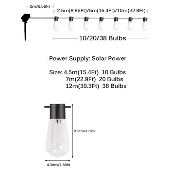 10/20/38 Bulbs LED Solar String Lights Fairy αδιάβροχο φωτιστικό βεράντας για διακόσμηση πάρτι εξωτερικού χώρου Γιορταστικά φωτιστικά κήπου