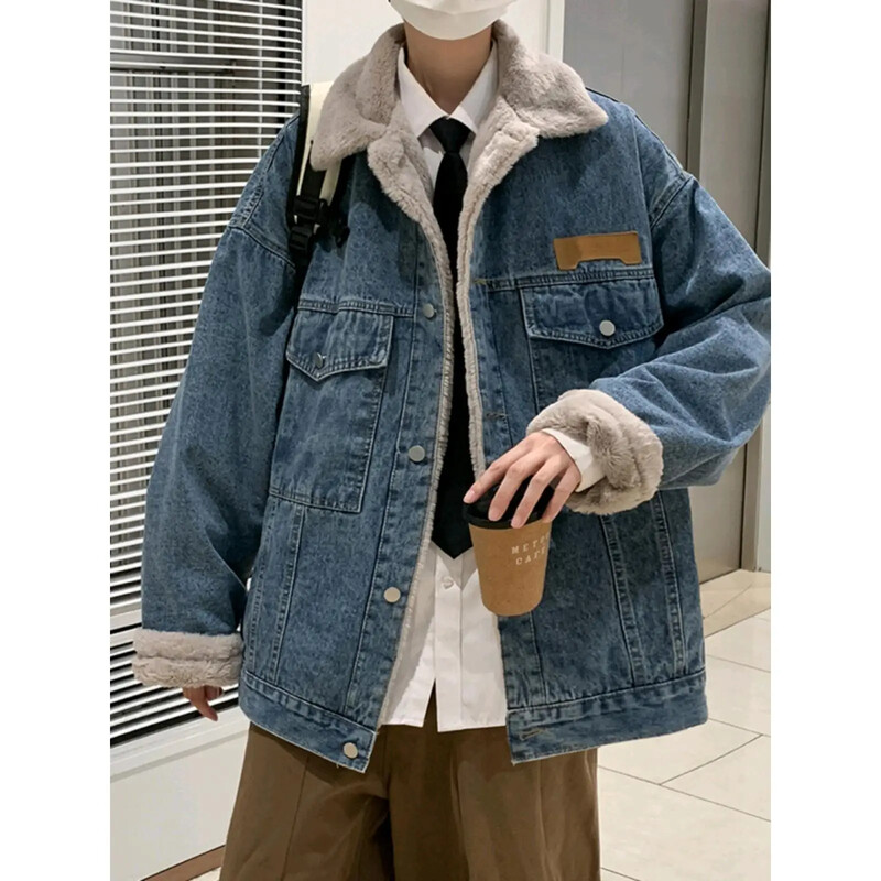 Japán Vintage laza vastagodó meleg farmer dzseki, férfi őszi és téli új bárány bársony alkalmi hajtókás farmer dzseki