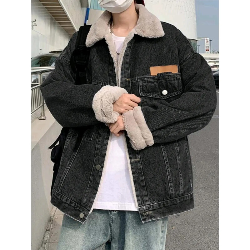 Japán Vintage laza vastagodó meleg farmer dzseki, férfi őszi és téli új bárány bársony alkalmi hajtókás farmer dzseki