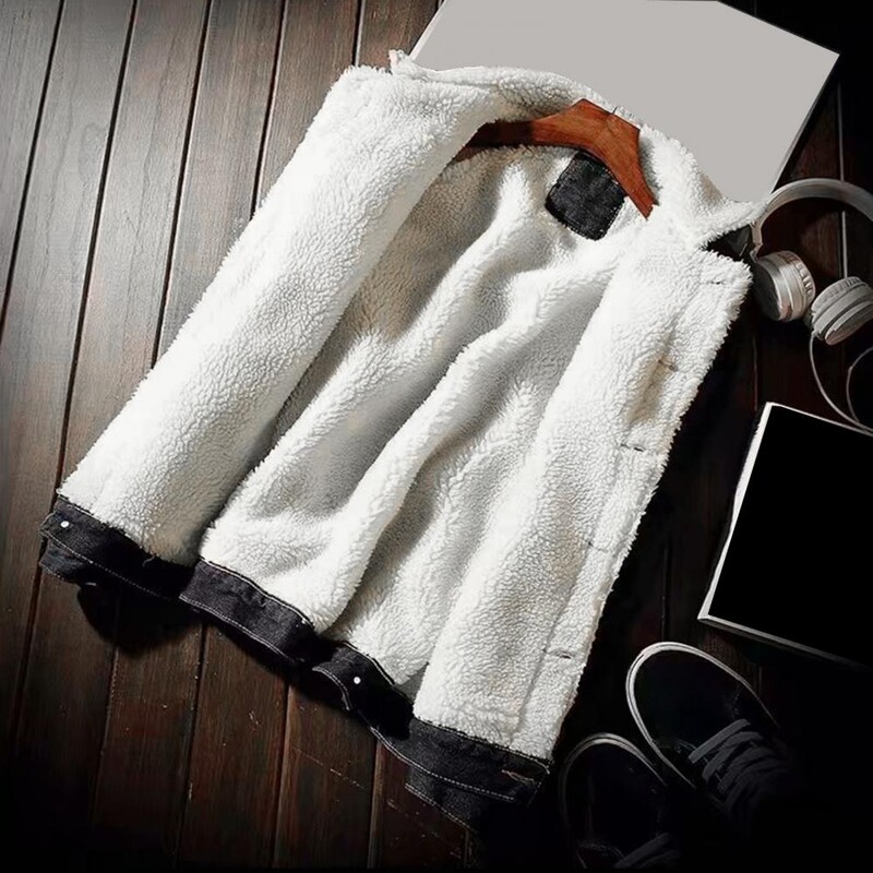 Vīriešu džinsa jaka bieza jēra kašmira odere Vīriešu džinsa mētelis vienkrāsains aukstumizturīgs virsdrēbes ziemas vienrindas vīriešu džinsa mētelis